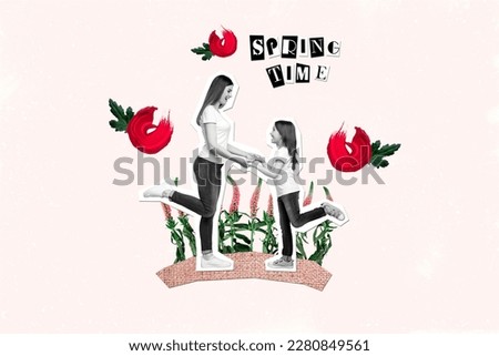 Collage artwork image picture of positive two people relatives sisters hands hold enjoy warm weather isolated on white color background