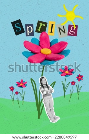 Vertical collage pinup image picture of pretty lovely preteen age girl stand big flower walk lawn grass isolated on drawing background