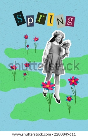 Photo collage artwork minimal picture of happy cute little child enjoying fresh flowers aroma isolated drawing background
