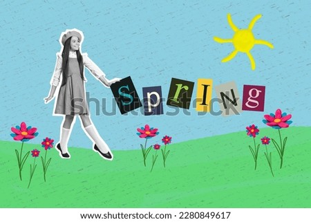 Exclusive magazine picture sketch collage image of dreamy smiling small kid walking enjoying spring flowers isolated painting background