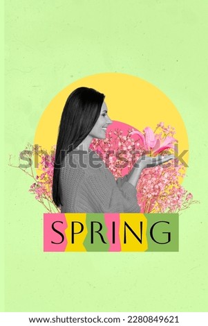 Vertical profile collage of stunning girl stand above spring word hold pink lily bloom flower green floral composition artwork