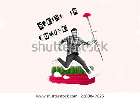 3d retro abstract creative artwork template collage of funny funky guy delivering 8 march flowers isolated painting background