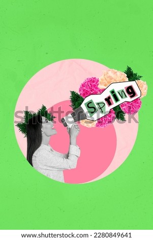 Vertical profile artwork photo collage of excited girl shouting big spring letters word through toa pink green floral composition
