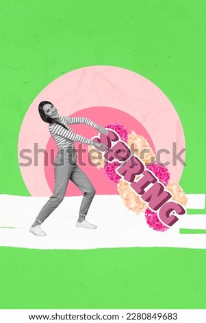 Vertical photo collage of girl have fun hold push carry pull big spring letters word standing pink green colors floral composition