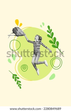 Vertical artwork photo collage little school age girl jumping up finish study year rejoicing throw rucksack summer holidays