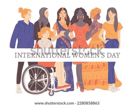 Group of women of different cultures and nationalities, diversity flat style, vector illustration isolated on white background. International women s day, female characters