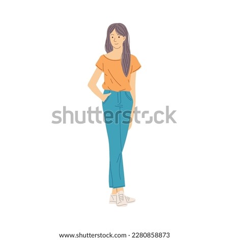 Young woman or teen girl in casual wear standing, flat vector illustration isolated on white background. Portrait of modern pretty young woman full length. Royalty-Free Stock Photo #2280858873