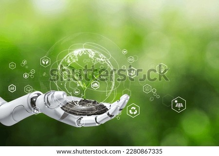 Sustainable development goal (SDGs) concept. Robot hand holding small plants with Environment icon. Green technology and Environmental technology.Artificial Intelligence and Technology ecology.esg Royalty-Free Stock Photo #2280867335