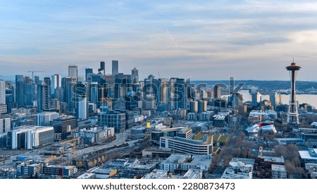 Aerial view of downtown Seattle, Washington at sunset