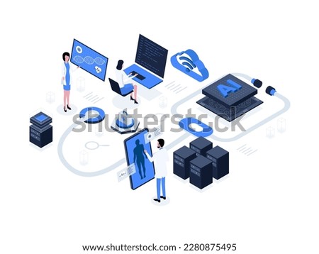 Doctors and researchers using innovative technologies for medicine and healthcare: artificial intelligence in healthcare isometric illustration Royalty-Free Stock Photo #2280875495