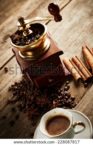 Vintage coffee still life on wooden background