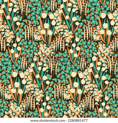 Seamless floral pattern with decorative meadow in 70s colors. Liberty ditsy print, cute botanical background with small hand drawn wild plants: tiny flowers, leaves, grass. Vector illustration.