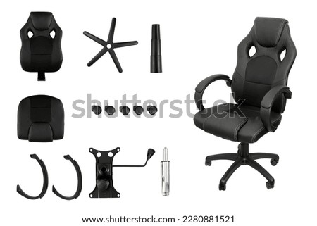 Set of pieces of a gamer chair and a chair assembled on one side, with a white background
