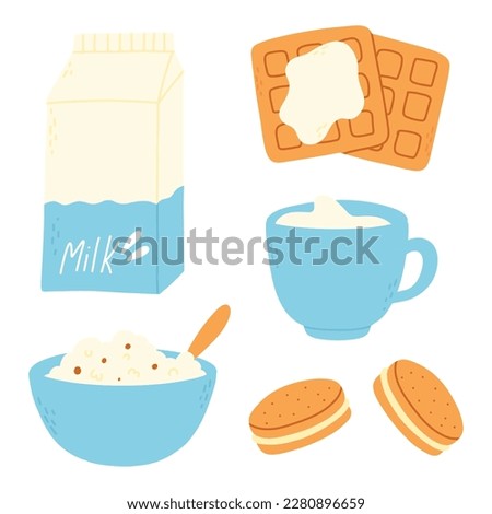 Breakfast set in flat style. Collection of waffles, milk, cookies, porridge. Vector illustration. Dairy breakfast.