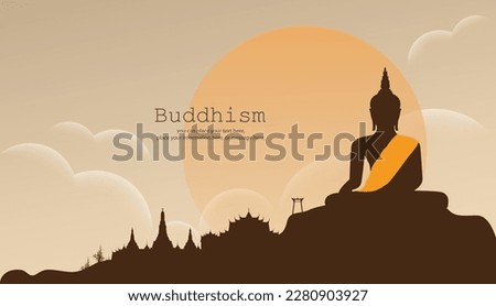 Silhouette of a meditating Buddha behind a cloud and copy space vector background - Magha puja day, Vesak day banner, important buddhism days Thailand culture Royalty-Free Stock Photo #2280903927