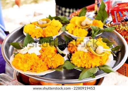 Young Indian women preparing puja thali by plucking flowers for pushpanjali. Background picture for home based durga puja, Selective Focus