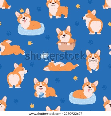 Seamless decorative pattern with Welsh Corgi in different poses, flat vector illustration on blue background. Cute sitting, running and lying corgi dog. Royalty-Free Stock Photo #2280922677