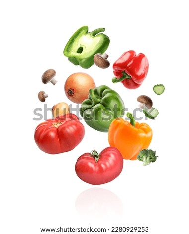 Many different fresh vegetables falling on white background Royalty-Free Stock Photo #2280929253