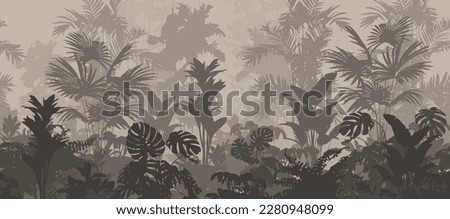 Seamless horizontal background, vector. Jungle, tropical forest with a variety of plants. 