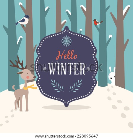 Christmas greeting card and bear and deer character. Hello Winter message Vector background. 