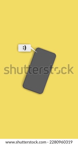 A text message containing a character emoticon. Mobile phone on a Citron background. View of the gadget from above. Communication between people. Smartphone. Vertical image. 3d image. 3d rendering