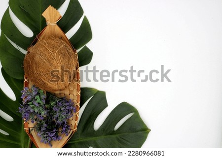Coconut and cosmetic details on palm leaves standing on white background