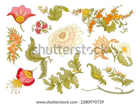Fantasy flowers in art nouveau style, vintage, old, retro style. Clip art, set of elements for design. Vector illustration.