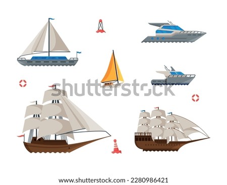 Ship and Motor Boat with Mast and Sails Vector Set