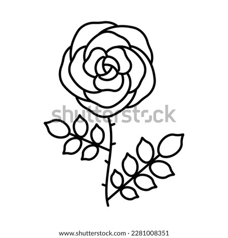 Rose, line illustration. Blooming flower head, stem and leaves. Flavor plant icon in minimalist style. Editable strokes, thin line, for label, flower shop, beauty.