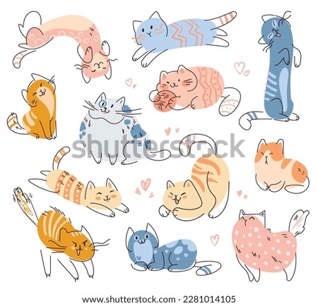 Set of cute cats in different poses. Seamless baby pattern in a kids doodle style. Funny vector illustration. Isolated on white background