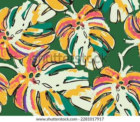 Summer floral pattern looking like unfinished watercolors, tropical leaves pattern perfect for textiles and decoration Royalty-Free Stock Photo #2281017917