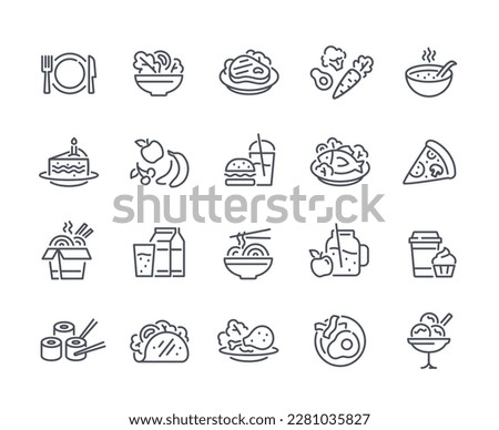 Food linear icons set. Fresh fruits and vegetables. Sushi and rolls, cake with candle. Chicken leg with salad, coffee with muffin. Cartoon flat vector illustrations isolated on white background Royalty-Free Stock Photo #2281035827