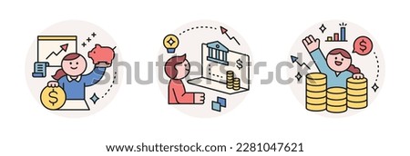 Finance and people, accounts for household economic growth, investment plan management. Piggy bank, graph, data, stacked. Vector illustration.