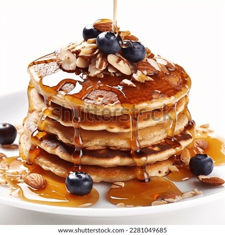 Pancakes with maple syrup, blueberries and almonds breakfast  Royalty-Free Stock Photo #2281049685