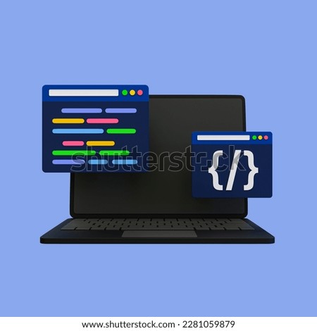 3d minimal coding icon. coding screen. web development concept. Laptop with a programming source code with clipping path. 3d illustration.