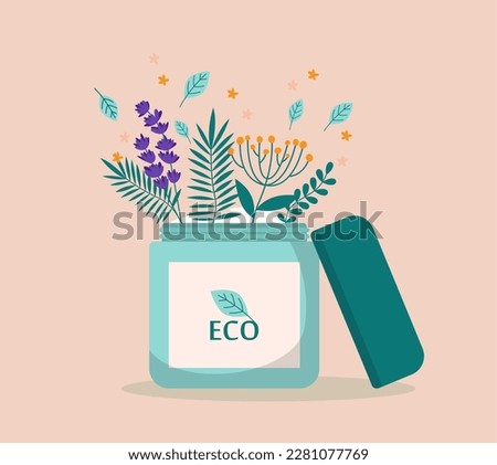 Blue jar of cream with natural ingredients vector illustration. Cartoon drawing of eco-friendly beauty product with organic ingredients. Beauty, cosmetics, ecology, nature, sustainability concept Royalty-Free Stock Photo #2281077769