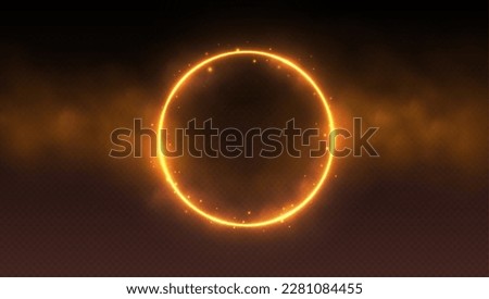 Neon circle frame with smoke cloud, glowing fire ring with orange fog. Illuminated realistic night scene. Futuristic portal concept. Vector illustration.