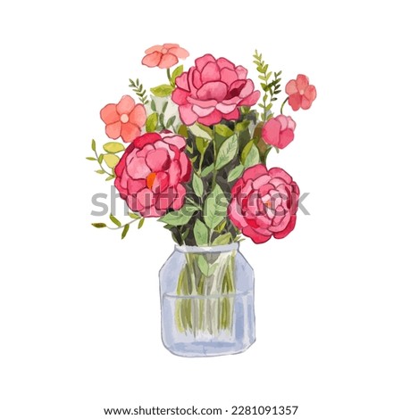 A watercolor illustration of pink puppies in a vase. Colorful flowers hand painted clip art. Isolated artwork. 