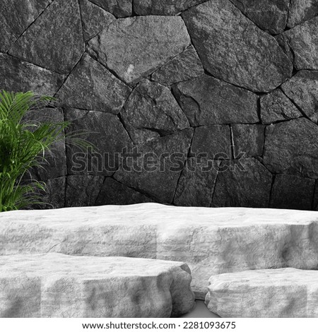 White rock podium with black rock background for product display, focused product, product on podium 