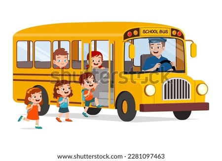 little kids boy and girl ride school bus and go to school Royalty-Free Stock Photo #2281097463