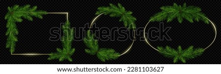 Realistic Christmas pine tree branch vector frame. Isolated circle, square and oval gold minimalist luxury stroke border. Merry Xmas round winter decor twig design. Golden elegant framework pack. Royalty-Free Stock Photo #2281103627
