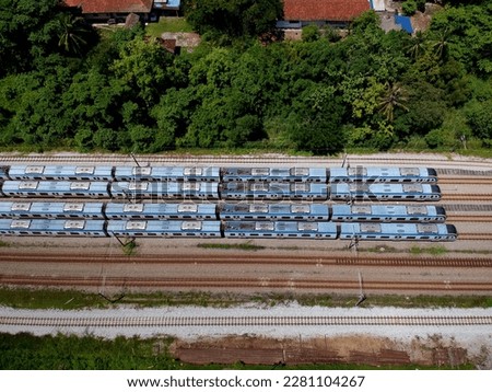 Aerial view of railway track and trains 
