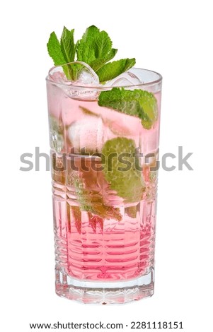 Tall glass of cold mojito with strawberry lemonade isolated on white background