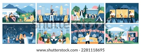 Open air festival icons set with music bands performing outside isolated vector illustration Royalty-Free Stock Photo #2281118695