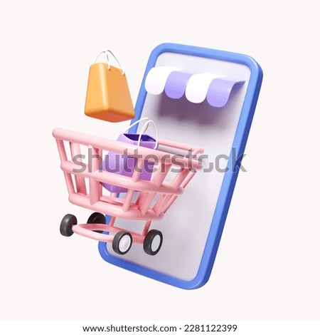 3d Shopping bag, shopping carts, and smartphone. Shopping online concept. icon isolated on white background. 3d rendering illustration. Clipping path..