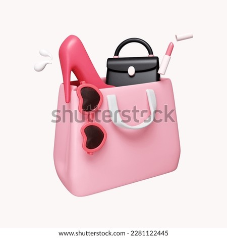 3d shopping bag with high heels, cosmetics, sun glasses and hand bag. shopping online concept. icon isolated on white background. 3d rendering illustration. Clipping path..