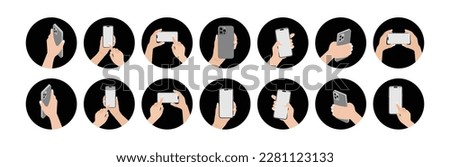 Human hands using and holding smartphones. Vector flat cartoon illustration. Touch screen mobile phone with a blank display. Hand holding and touching a smartphone. Vector.