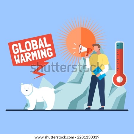 Global warming concept. Increasing earth temperature. Polar bear on melting ice in sea in Arctic. Disappearance of natural habitat of wild animals. Human impact on ecology of Earth. Climate change