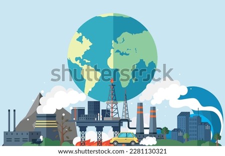 Climate change weather global greenhouse warming risks. Waste disposal, air and water pollution. Global warming, greenhouse gas emissions, deforestation. CO2 carbon dioxide emissions climate pollution Royalty-Free Stock Photo #2281130321