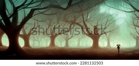 Fantasy forest path with fog and dry trees and branches, vector illustration banner. Mysterious forest background, Horrible hooded figure concept